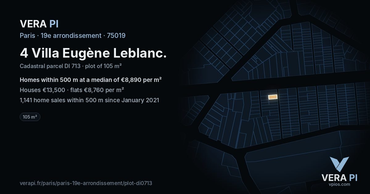 4 Villa Eugène Leblanc, 19e arrondissement at night – the plot lit, the parcels around coloured by the prices near them