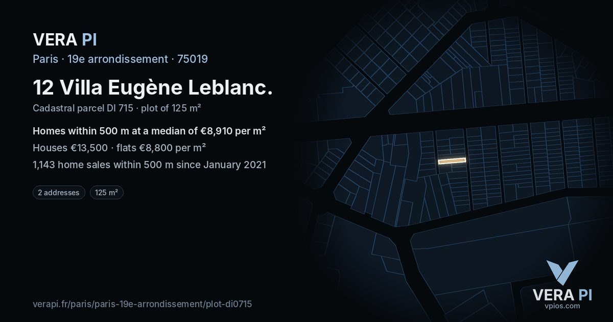 12 Villa Eugène Leblanc, 19e arrondissement at night – the plot lit, the parcels around coloured by the prices near them