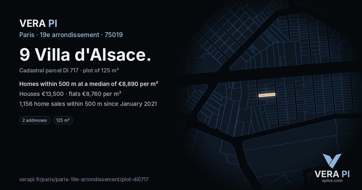 9 Villa d'Alsace, 19e arrondissement at night – the plot lit, the parcels around coloured by the prices near them