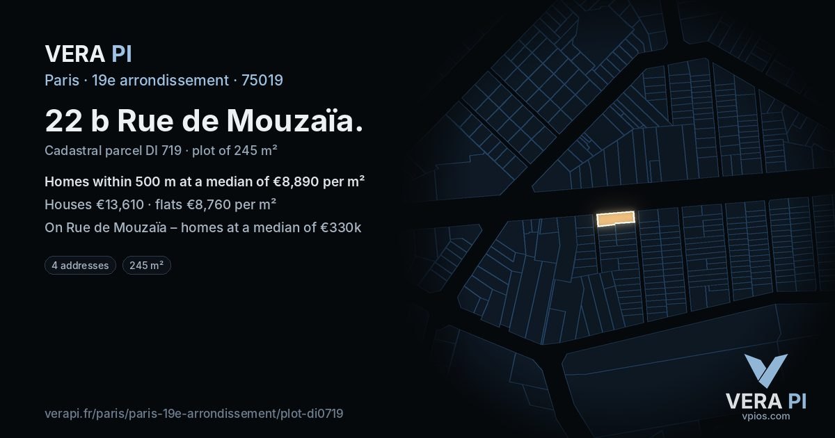 22 b Rue de Mouzaïa, 19e arrondissement at night – the plot lit, the parcels around coloured by the prices near them