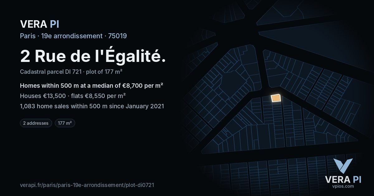 2 Rue de l'Égalité, 19e arrondissement at night – the plot lit, the parcels around coloured by the prices near them