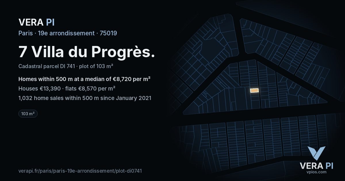 7 Villa du Progrès, 19e arrondissement at night – the plot lit, the parcels around coloured by the prices near them