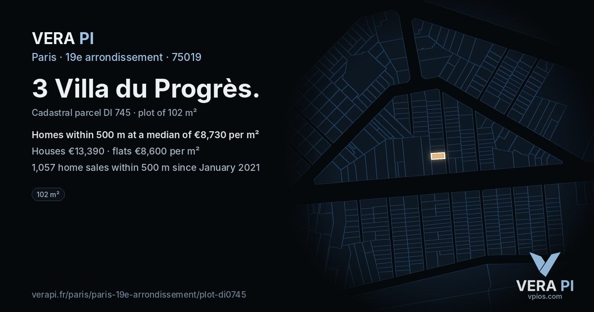 3 Villa du Progrès, 19e arrondissement at night – the plot lit, the parcels around coloured by the prices near them