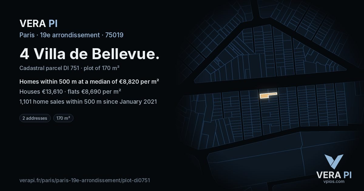 4 Villa de Bellevue, 19e arrondissement at night – the plot lit, the parcels around coloured by the prices near them