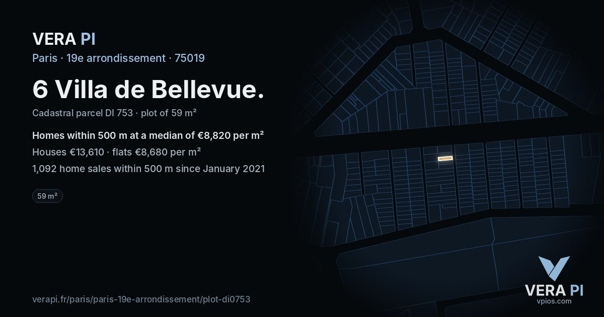 6 Villa de Bellevue, 19e arrondissement at night – the plot lit, the parcels around coloured by the prices near them