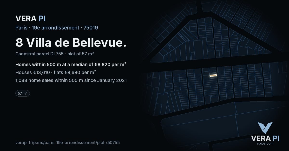 8 Villa de Bellevue, 19e arrondissement at night – the plot lit, the parcels around coloured by the prices near them