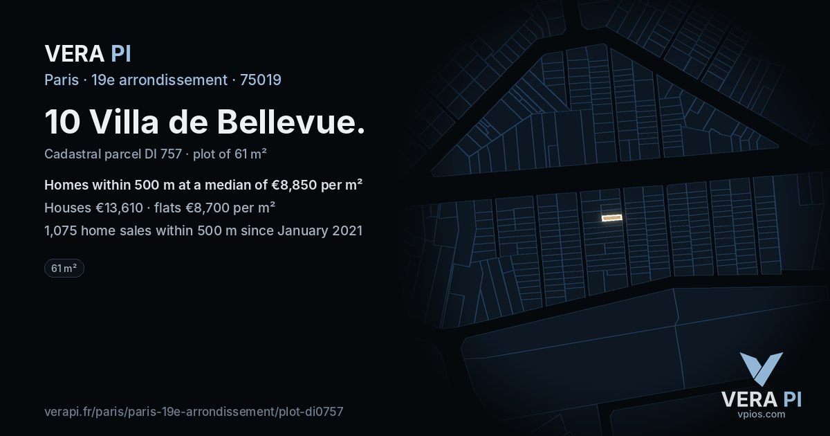 10 Villa de Bellevue, 19e arrondissement at night – the plot lit, the parcels around coloured by the prices near them