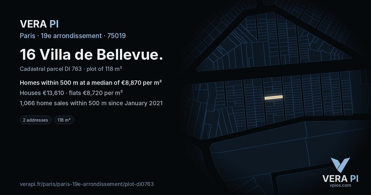 16 Villa de Bellevue, 19e arrondissement at night – the plot lit, the parcels around coloured by the prices near them