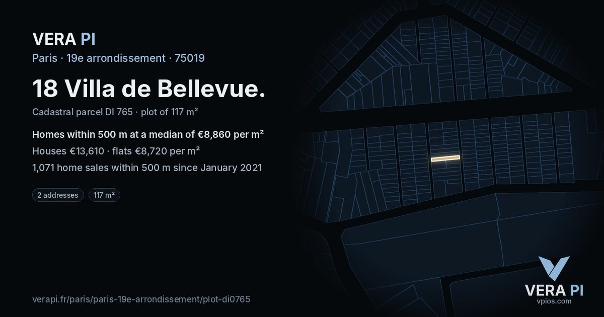 18 Villa de Bellevue, 19e arrondissement at night – the plot lit, the parcels around coloured by the prices near them