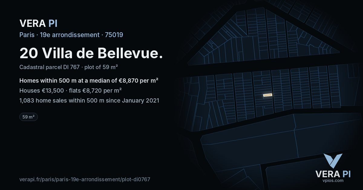 20 Villa de Bellevue, 19e arrondissement at night – the plot lit, the parcels around coloured by the prices near them