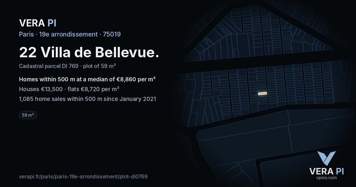 22 Villa de Bellevue, 19e arrondissement at night – the plot lit, the parcels around coloured by the prices near them