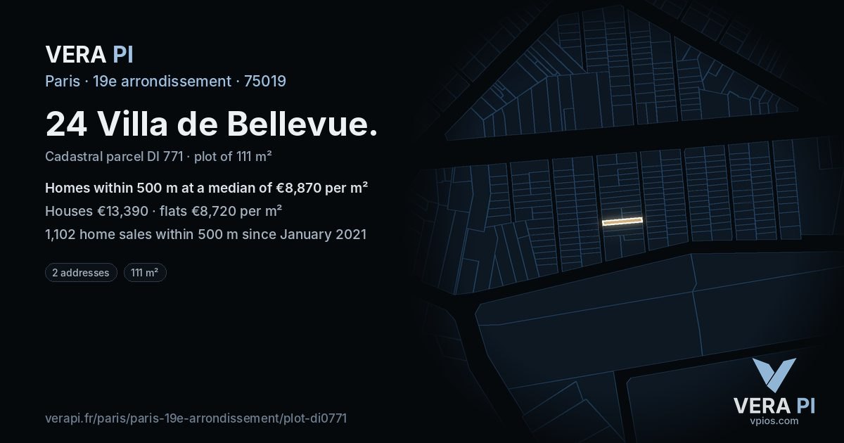 24 Villa de Bellevue, 19e arrondissement at night – the plot lit, the parcels around coloured by the prices near them