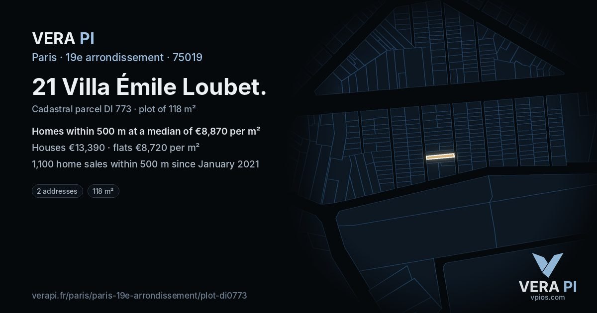21 Villa Émile Loubet, 19e arrondissement at night – the plot lit, the parcels around coloured by the prices near them