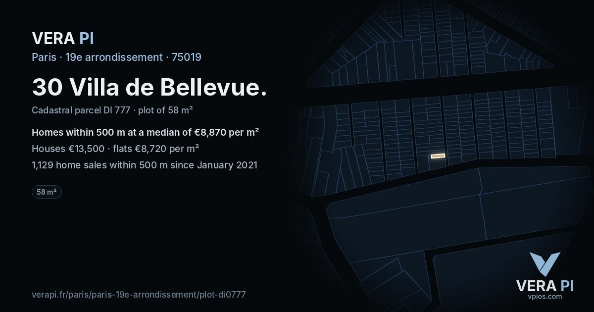 30 Villa de Bellevue, 19e arrondissement at night – the plot lit, the parcels around coloured by the prices near them