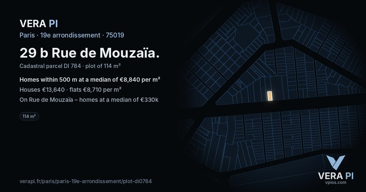 29 b Rue de Mouzaïa, 19e arrondissement at night – the plot lit, the parcels around coloured by the prices near them