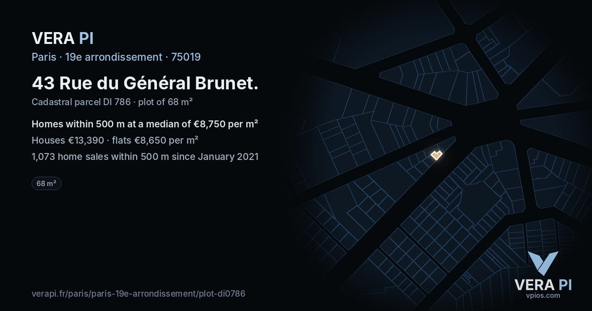 43 Rue du Général Brunet, 19e arrondissement at night – the plot lit, the parcels around coloured by the prices near them