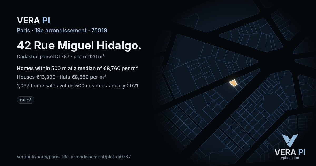 42 Rue Miguel Hidalgo, 19e arrondissement at night – the plot lit, the parcels around coloured by the prices near them