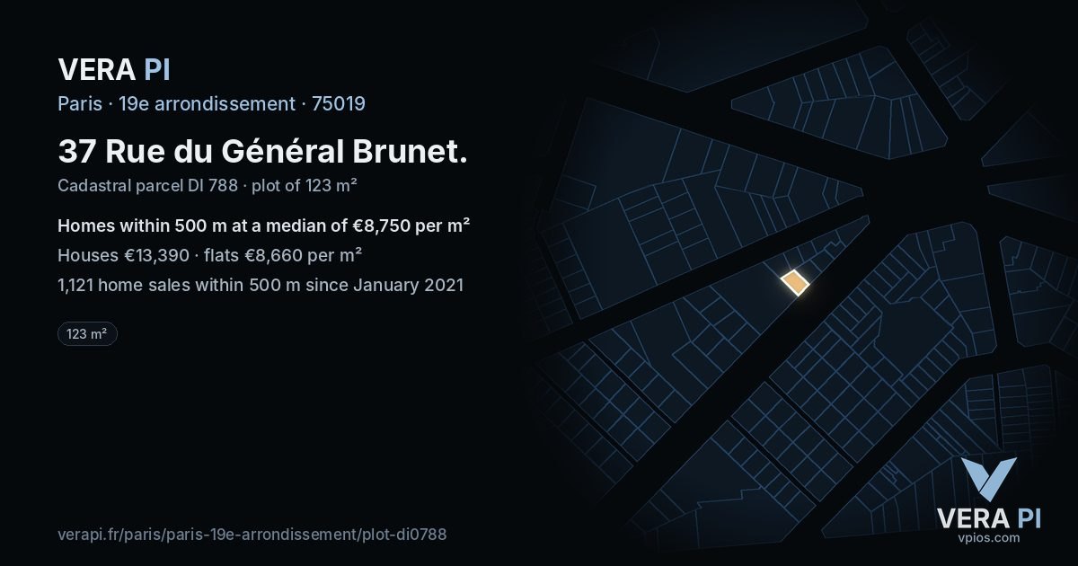 37 Rue du Général Brunet, 19e arrondissement at night – the plot lit, the parcels around coloured by the prices near them