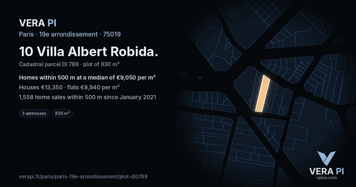 10 Villa Albert Robida, 19e arrondissement at night – the plot lit, the parcels around coloured by the prices near them