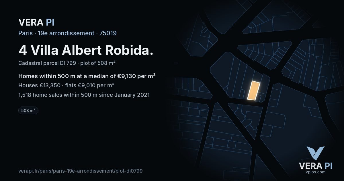4 Villa Albert Robida, 19e arrondissement at night – the plot lit, the parcels around coloured by the prices near them