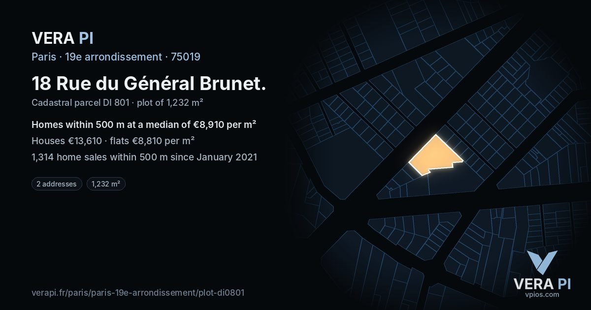 18 Rue du Général Brunet, 19e arrondissement at night – the plot lit, the parcels around coloured by the prices near them