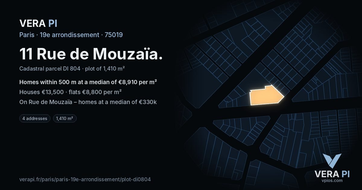 11 Rue de Mouzaïa, 19e arrondissement at night – the plot lit, the parcels around coloured by the prices near them