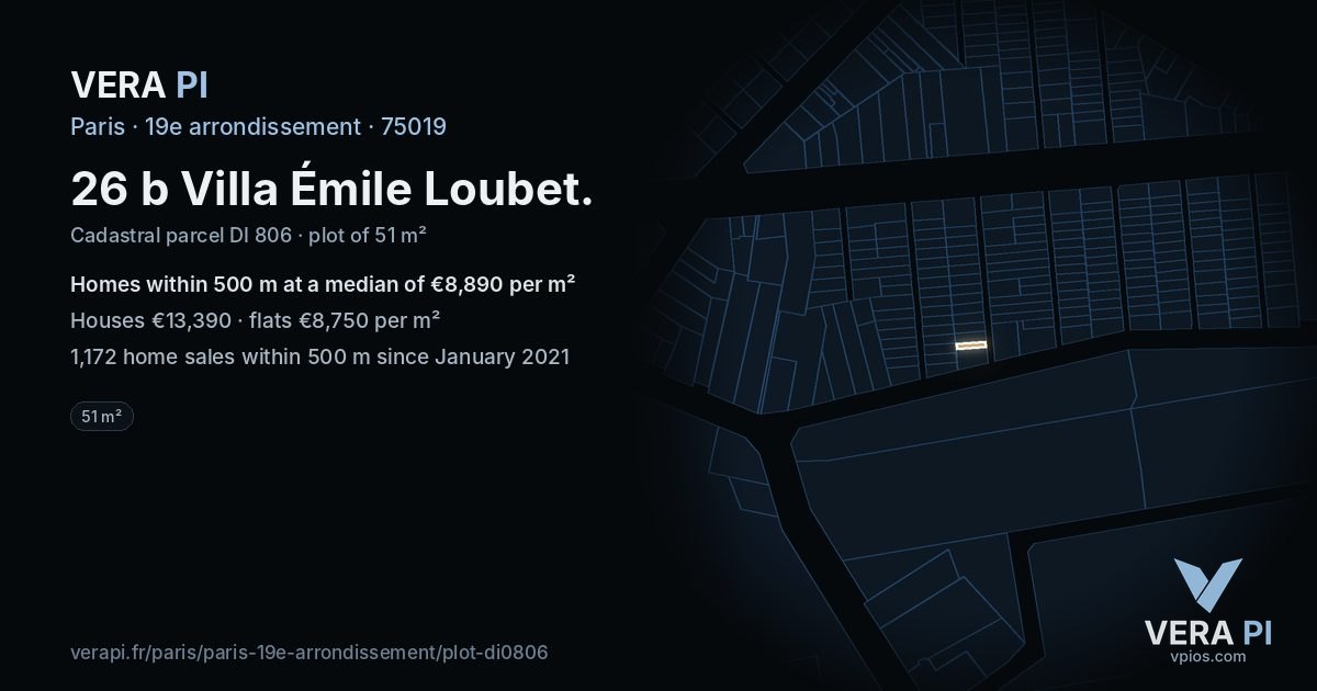 26 b Villa Émile Loubet, 19e arrondissement at night – the plot lit, the parcels around coloured by the prices near them