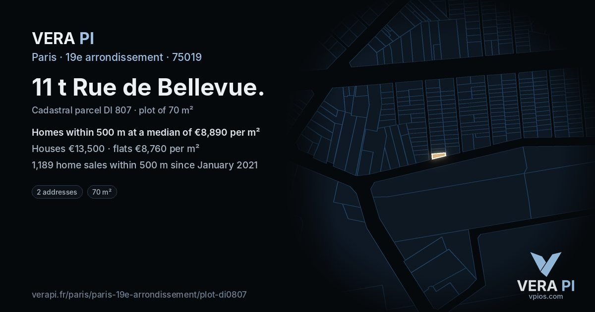 11 t Rue de Bellevue, 19e arrondissement at night – the plot lit, the parcels around coloured by the prices near them