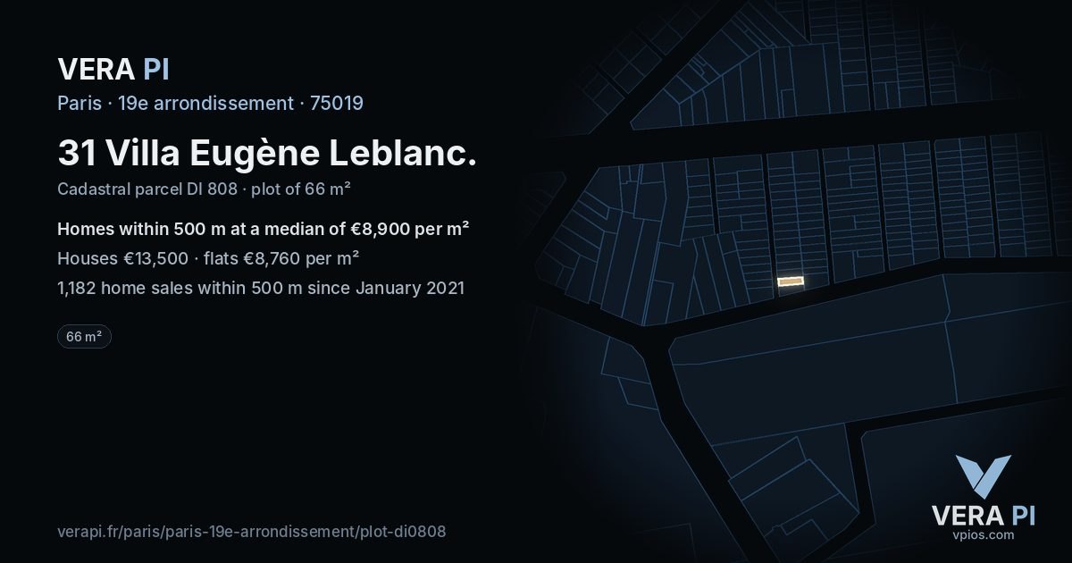 31 Villa Eugène Leblanc, 19e arrondissement at night – the plot lit, the parcels around coloured by the prices near them