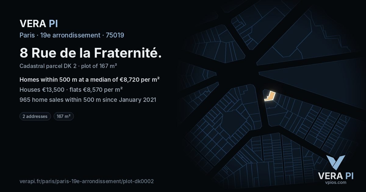8 Rue de la Fraternité, 19e arrondissement at night – the plot lit, the parcels around coloured by the prices near them