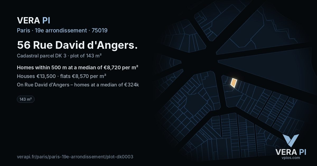 56 Rue David d'Angers, 19e arrondissement at night – the plot lit, the parcels around coloured by the prices near them