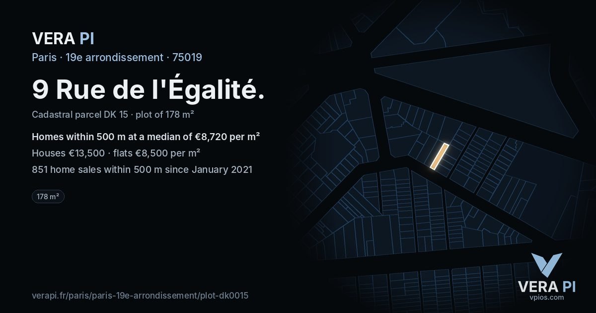 9 Rue de l'Égalité, 19e arrondissement at night – the plot lit, the parcels around coloured by the prices near them