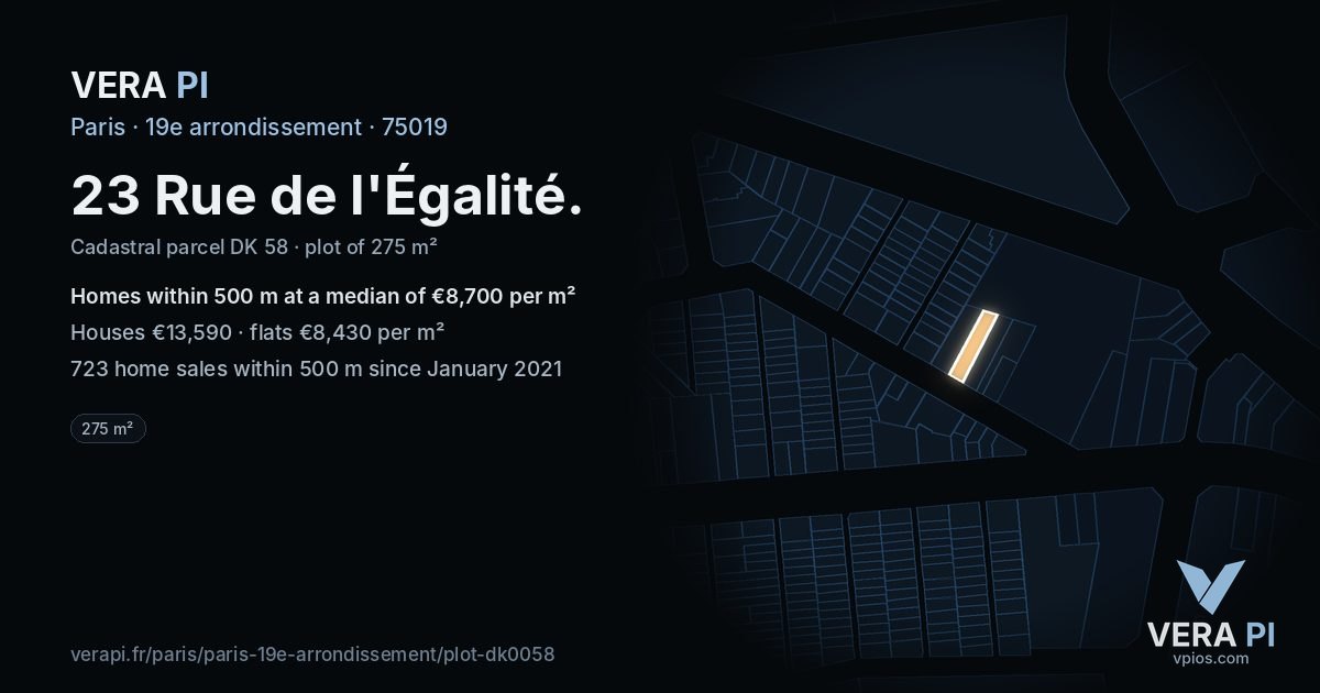 23 Rue de l'Égalité, 19e arrondissement at night – the plot lit, the parcels around coloured by the prices near them