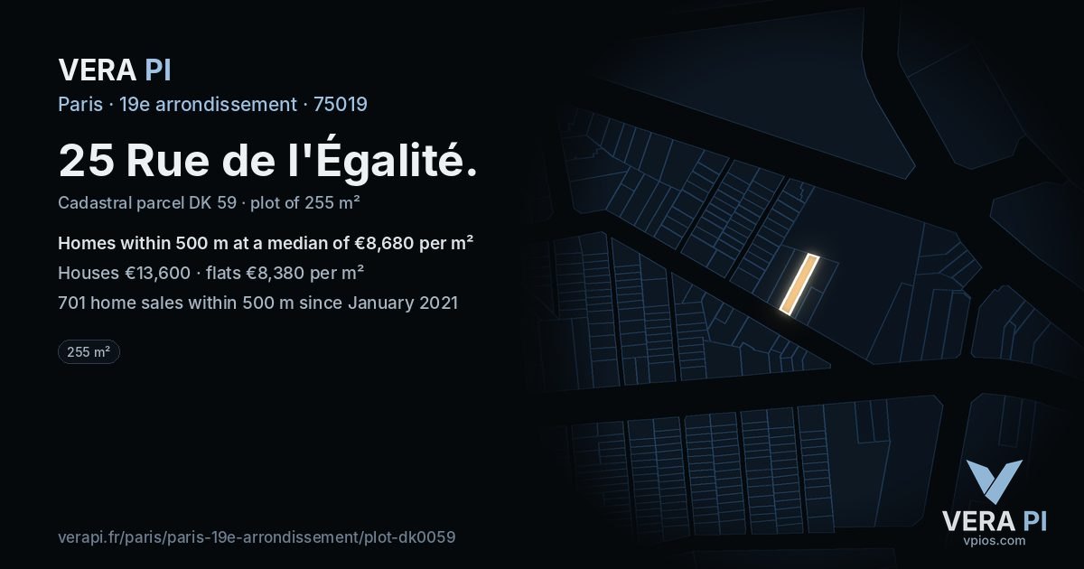 25 Rue de l'Égalité, 19e arrondissement at night – the plot lit, the parcels around coloured by the prices near them