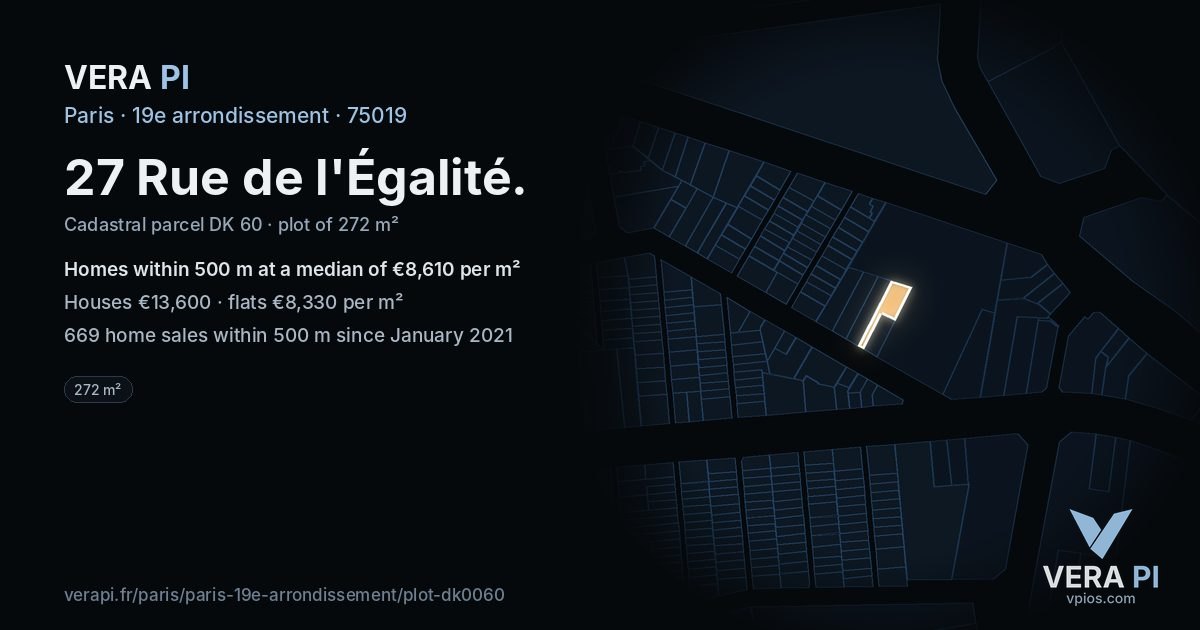 27 Rue de l'Égalité, 19e arrondissement at night – the plot lit, the parcels around coloured by the prices near them