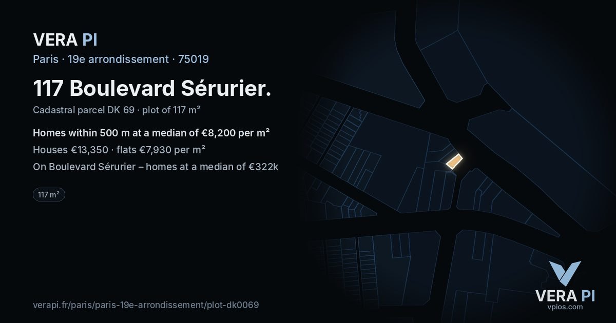 117 Boulevard Sérurier, 19e arrondissement at night – the plot lit, the parcels around coloured by the prices near them