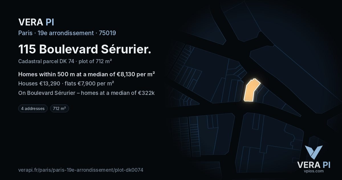 115 Boulevard Sérurier, 19e arrondissement at night – the plot lit, the parcels around coloured by the prices near them