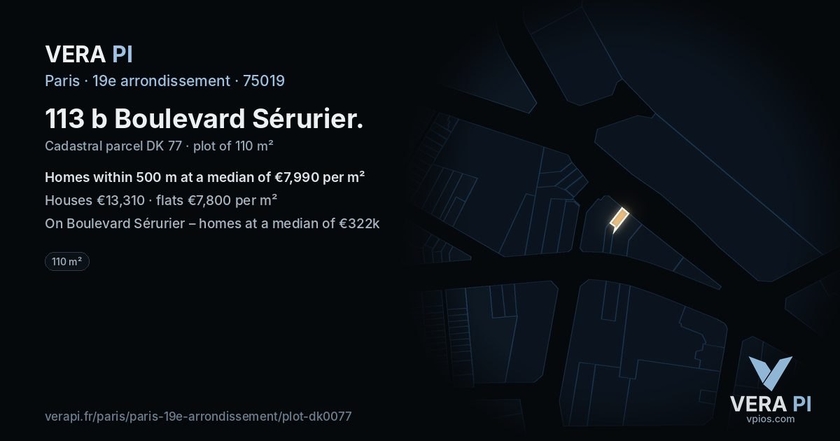 113 b Boulevard Sérurier, 19e arrondissement at night – the plot lit, the parcels around coloured by the prices near them