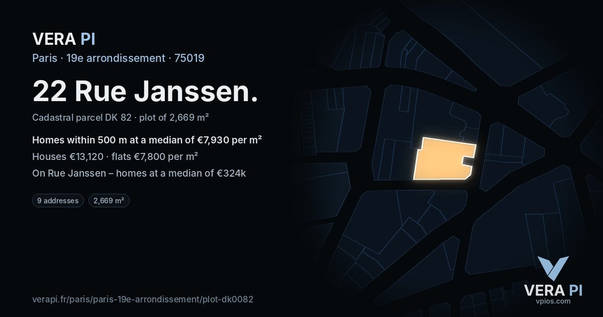 22 Rue Janssen, 19e arrondissement at night – the plot lit, the parcels around coloured by the prices near them