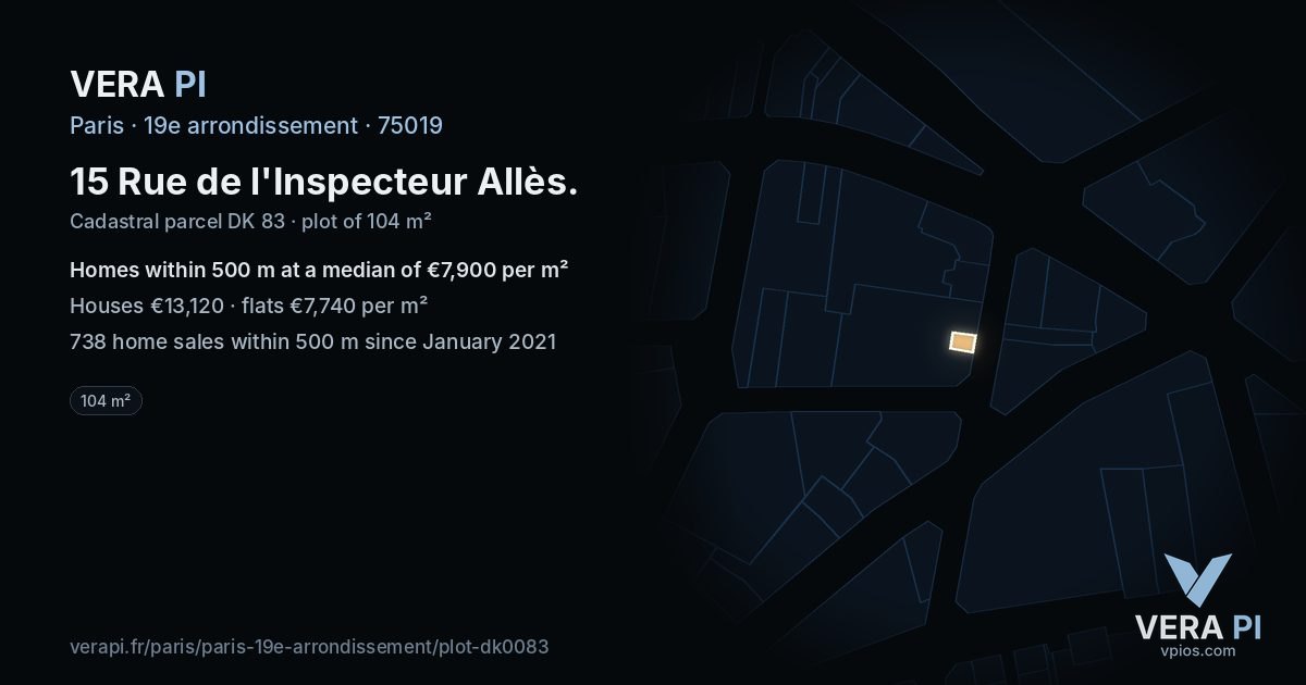 15 Rue de l'Inspecteur Allès, 19e arrondissement at night – the plot lit, the parcels around coloured by the prices near them