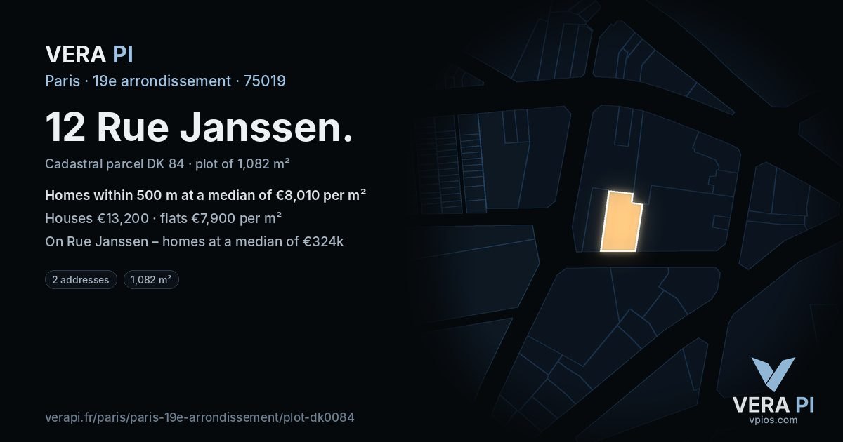 12 Rue Janssen, 19e arrondissement at night – the plot lit, the parcels around coloured by the prices near them