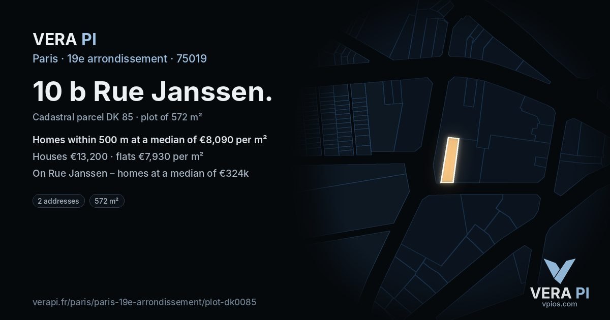 10 b Rue Janssen, 19e arrondissement at night – the plot lit, the parcels around coloured by the prices near them