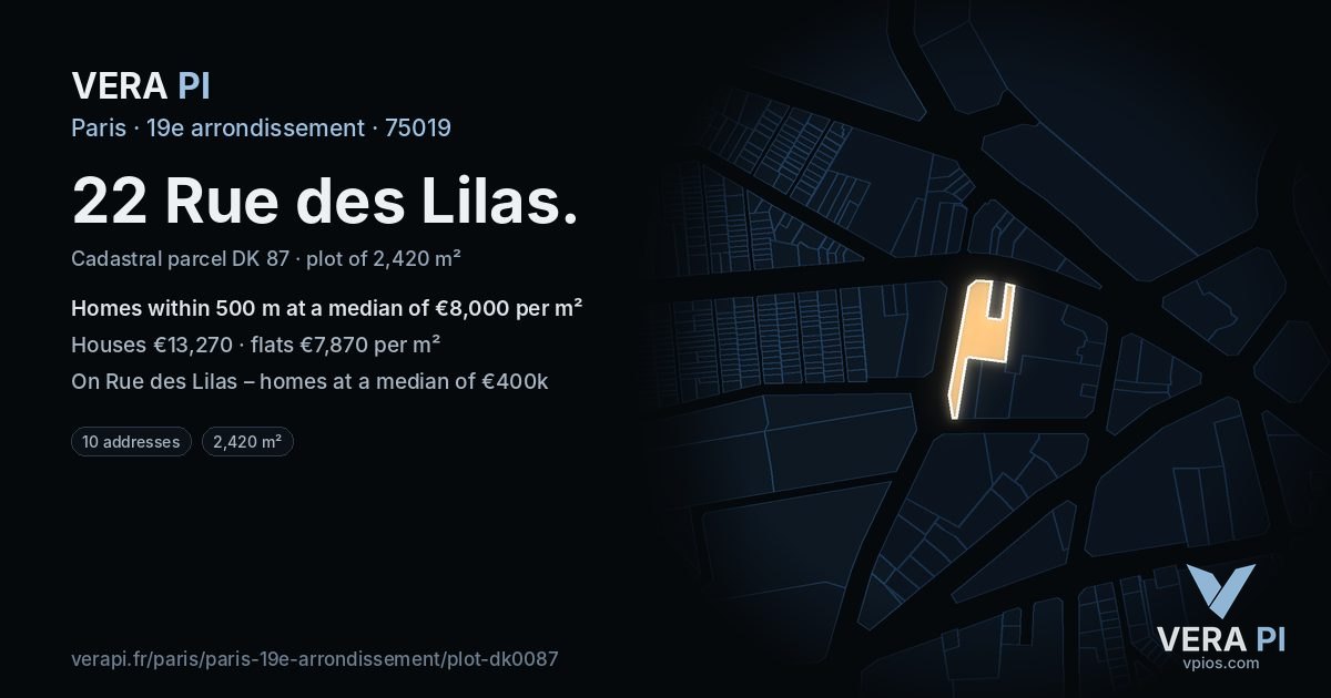 22 Rue des Lilas, 19e arrondissement at night – the plot lit, the parcels around coloured by the prices near them