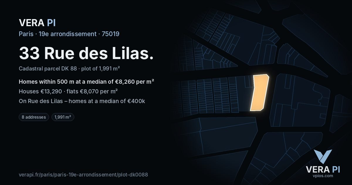 33 Rue des Lilas, 19e arrondissement at night – the plot lit, the parcels around coloured by the prices near them