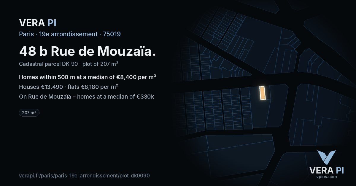 48 b Rue de Mouzaïa, 19e arrondissement at night – the plot lit, the parcels around coloured by the prices near them
