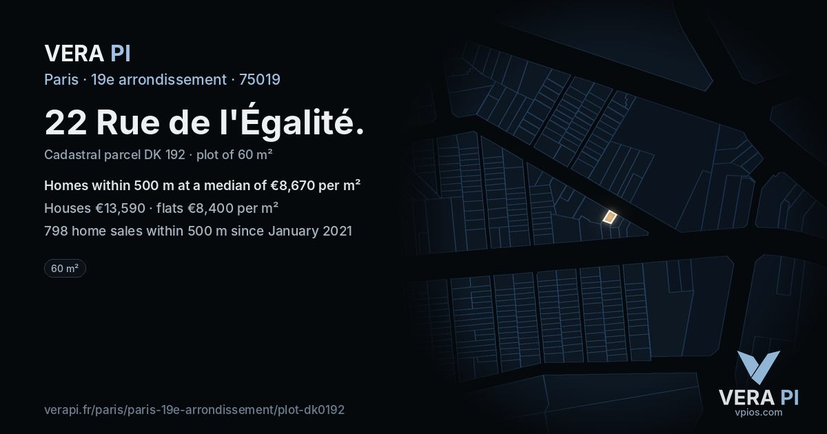 22 Rue de l'Égalité, 19e arrondissement at night – the plot lit, the parcels around coloured by the prices near them