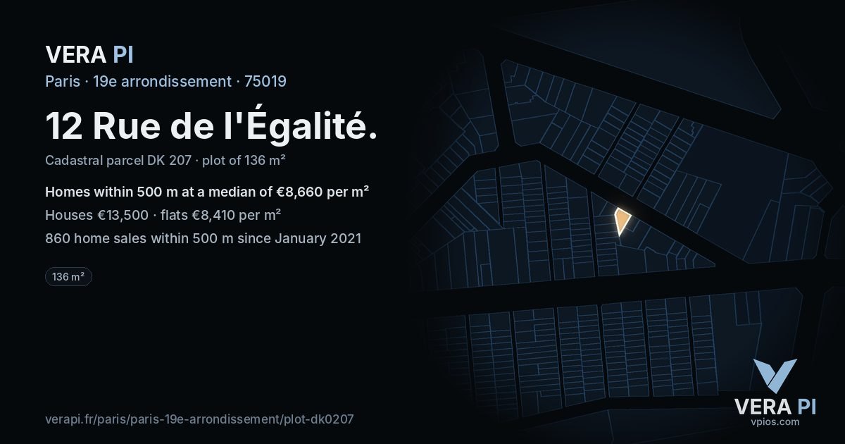 12 Rue de l'Égalité, 19e arrondissement at night – the plot lit, the parcels around coloured by the prices near them