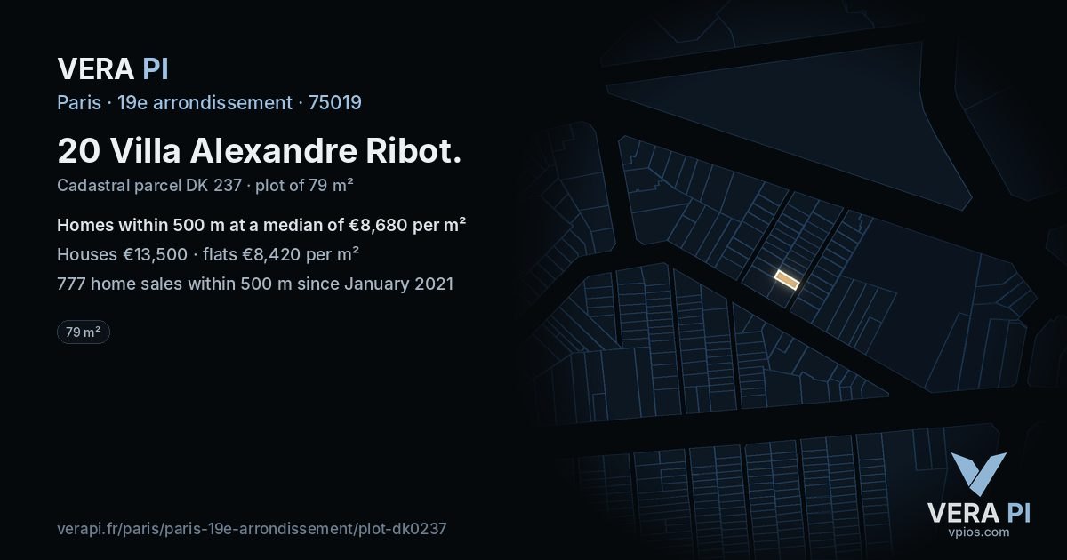 20 Villa Alexandre Ribot, 19e arrondissement at night – the plot lit, the parcels around coloured by the prices near them
