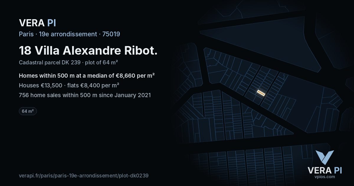 18 Villa Alexandre Ribot, 19e arrondissement at night – the plot lit, the parcels around coloured by the prices near them