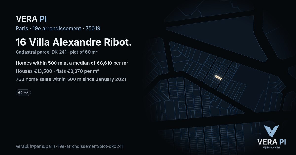 16 Villa Alexandre Ribot, 19e arrondissement at night – the plot lit, the parcels around coloured by the prices near them